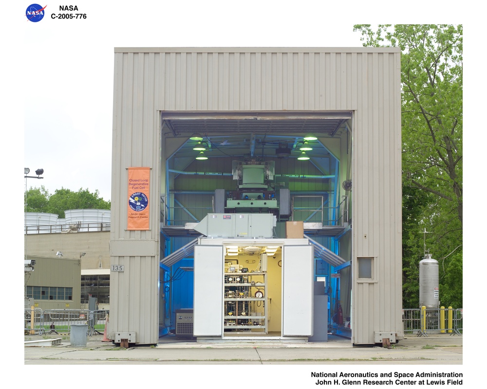 The closed loop regenerative fuel cell test.  View building 135 and the Integrated Equipment Assembly inside the portable shelter enclosure.