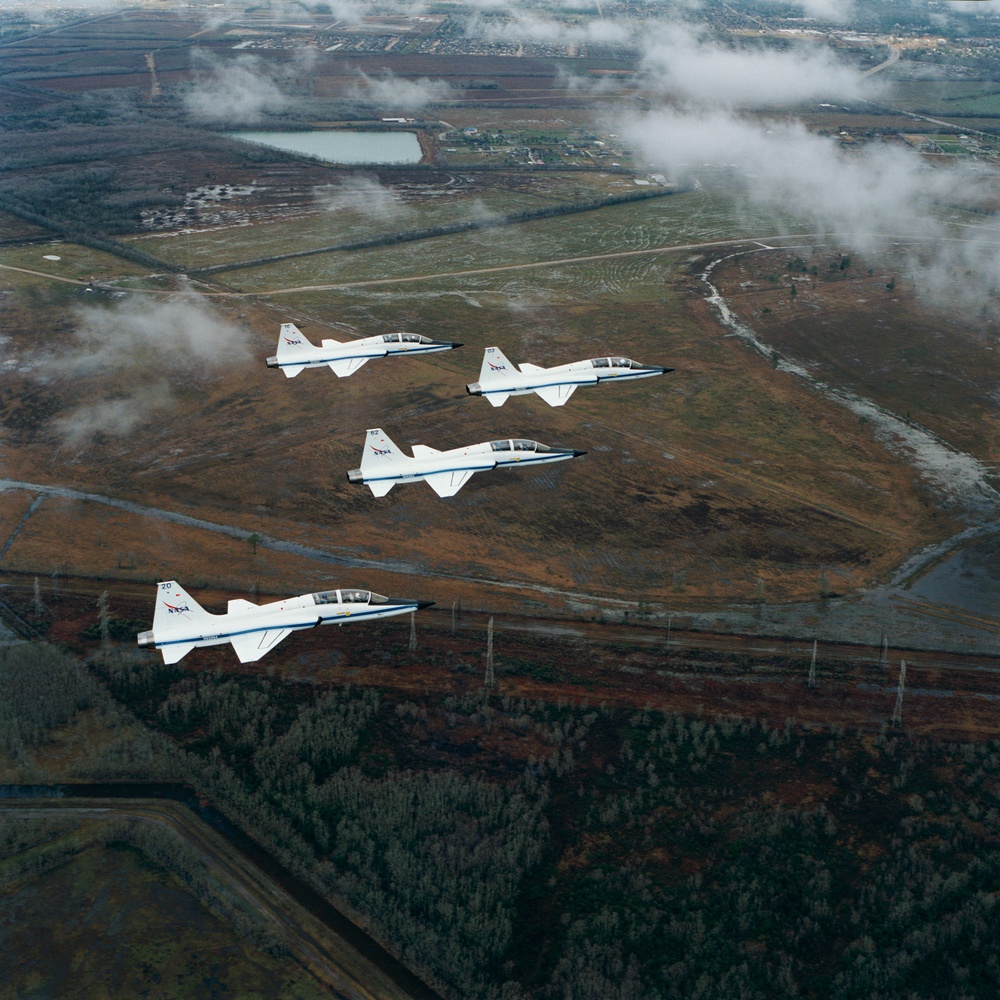 T-38 jet aircraft fly in formation