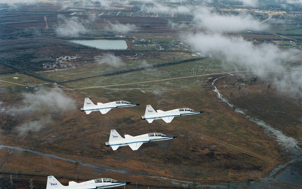 T-38 jet aircraft fly in formation