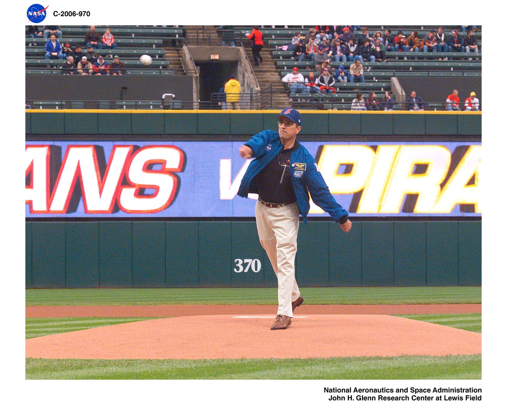 Vision for Space Exploration trailer at gateway Plaza, Cleveland, Ohio and an Astronaut throwing in the first pitch for the Cleveland Indians game