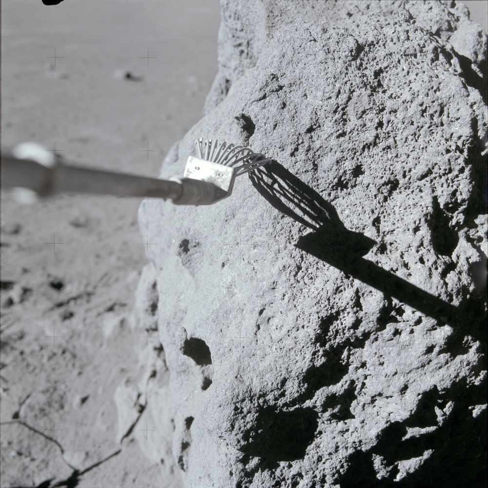 Apollo 15 Mission image - Stereo Pair view of Station 4, and contact on boulder with rake