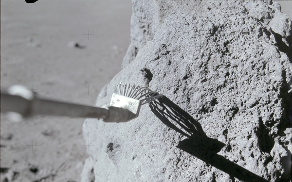 Apollo 15 Mission image - Stereo Pair view of Station 4, and contact on boulder with rake