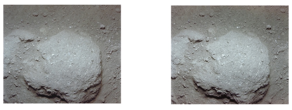Apollo 11 stereo view showing stone embedded in powdery lunar surface