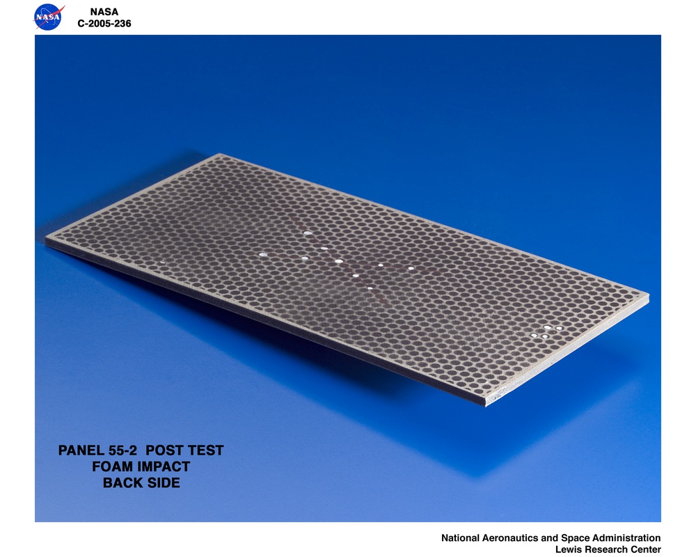 Panel 55-2 Post test RCC carbon / carbon fiber panels - the panels are space shuttle tile material being tested in the ballistics lab building 49