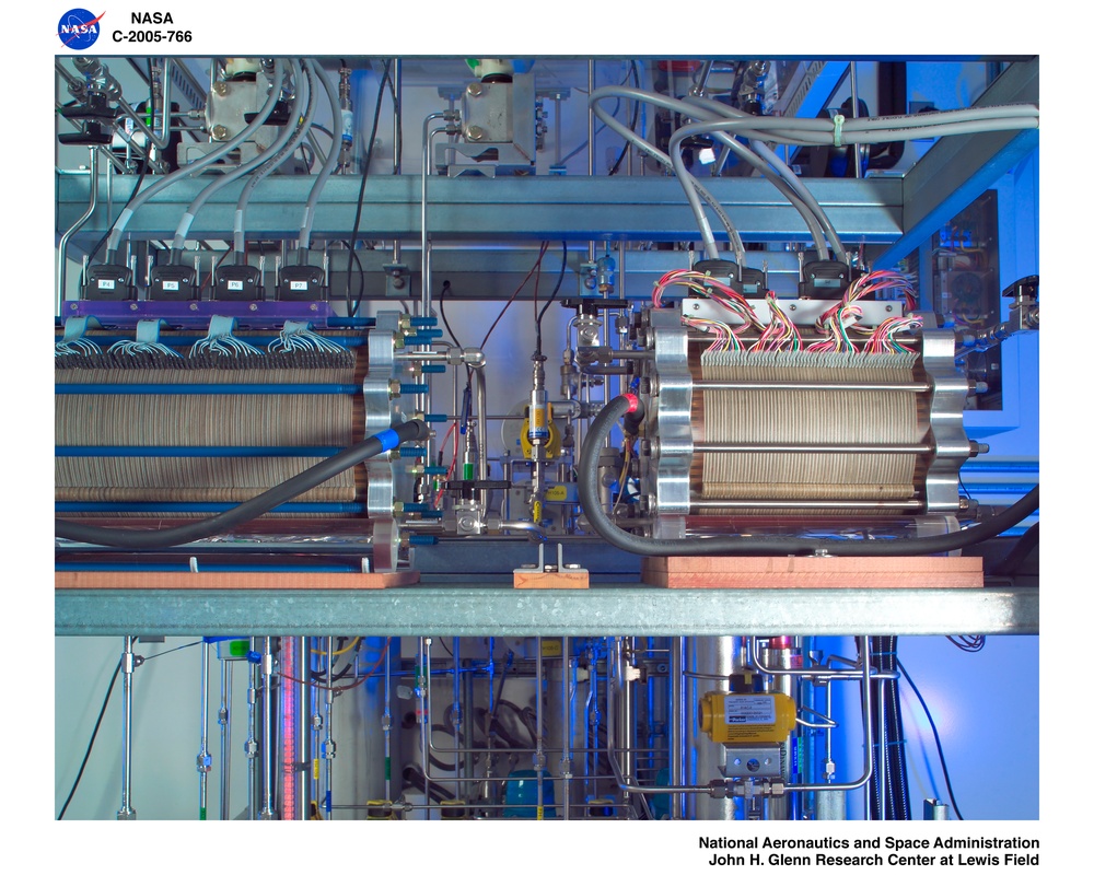 The closed loop regenerative fuel cell test and the Integrated Equipment Assembly.  View of the fuel cell and electolyser stacks.