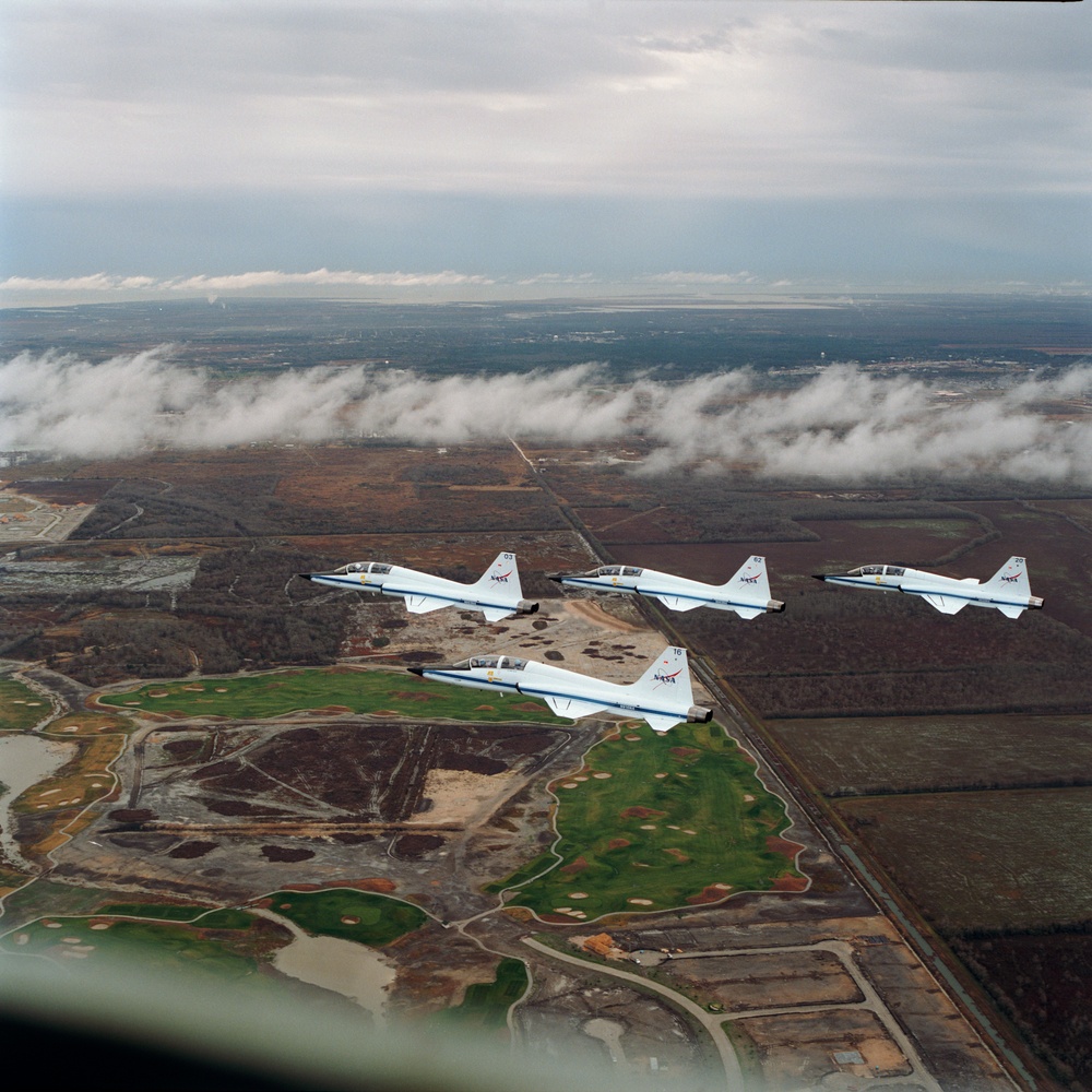 T-38 jet aircraft fly in formation