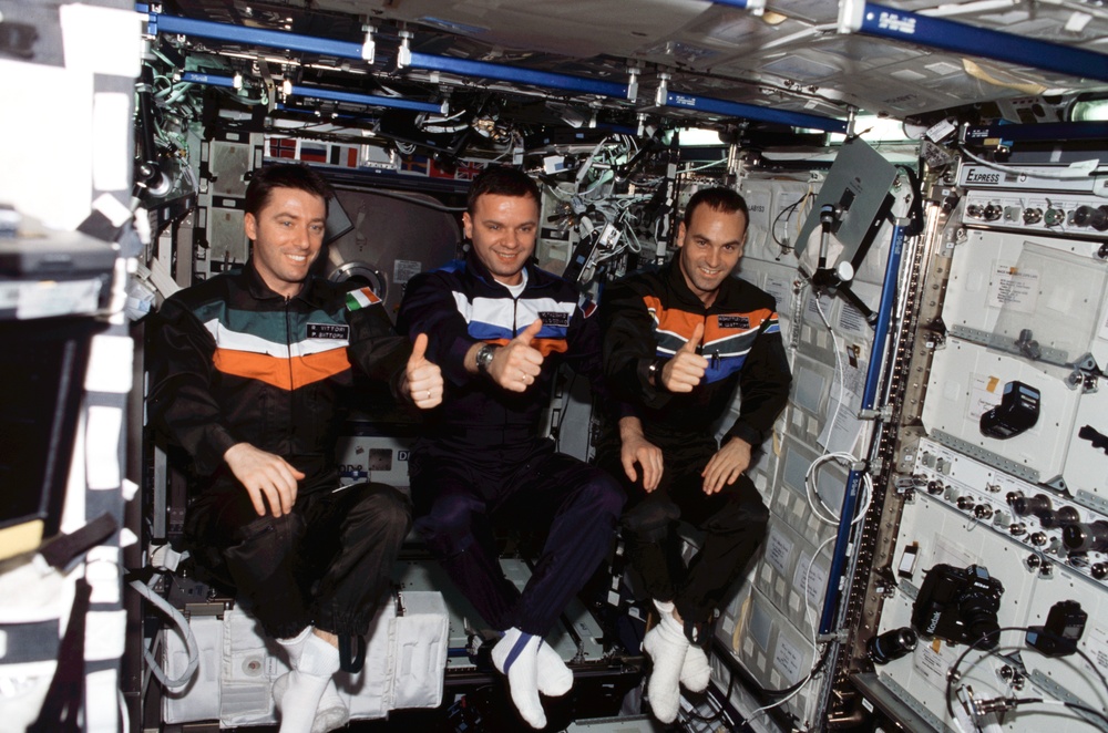 Soyuz 4 Crew group photo in the U.S. Laboratory taken during Expedition Four