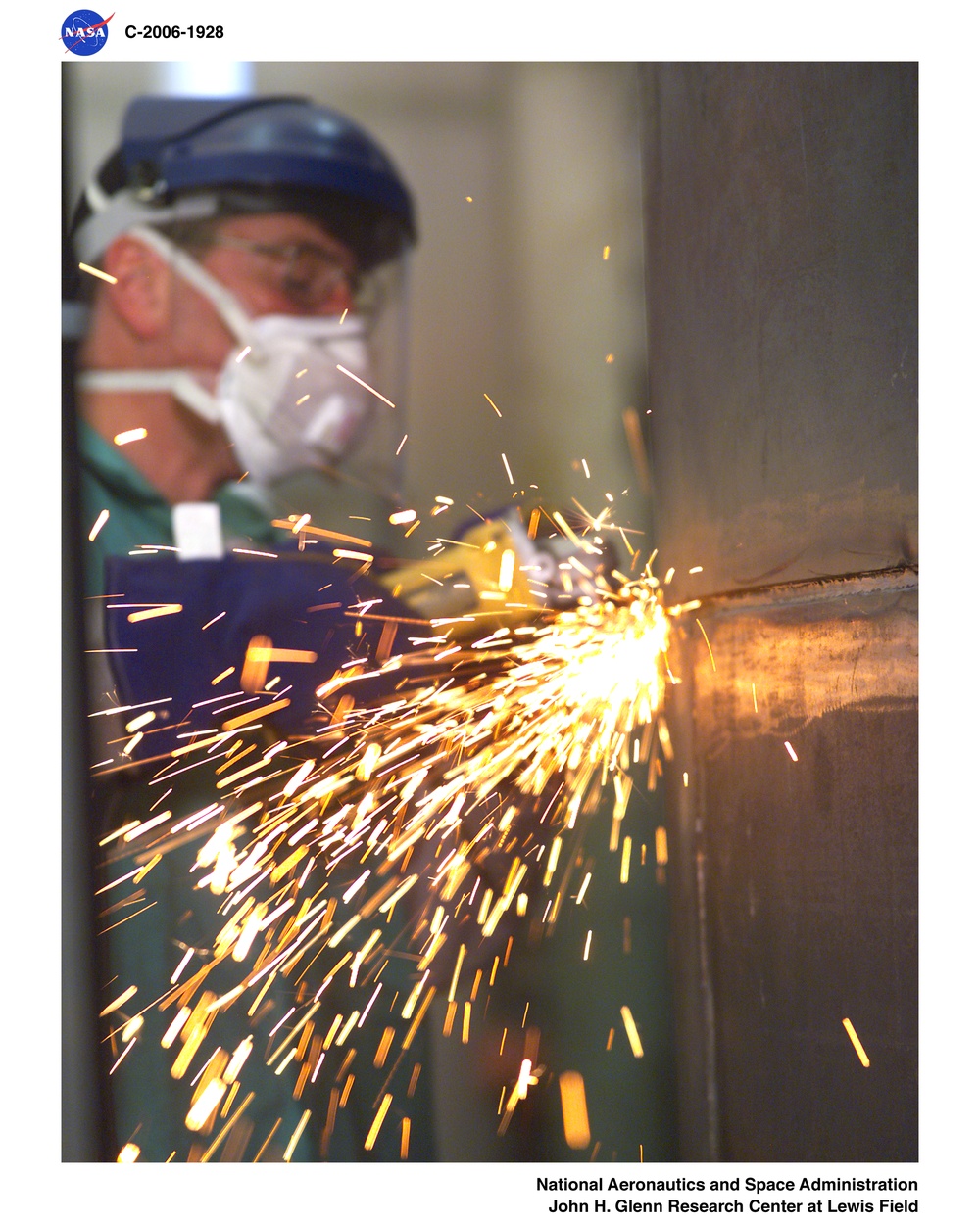 Fabrication of the Ares-1 mock-up showing welding and grinding operations.  This is part of the Constellation project