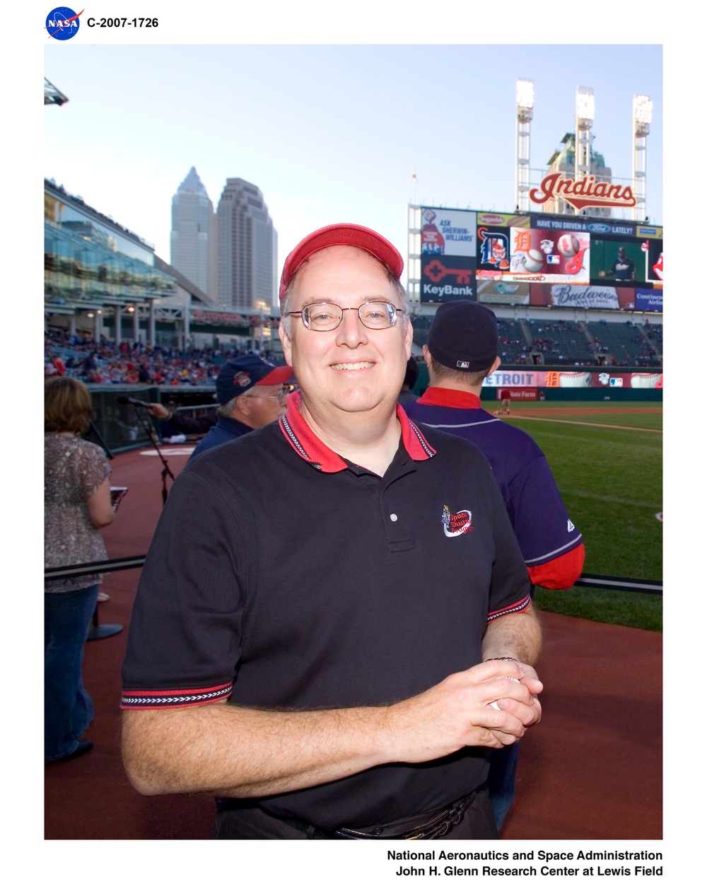 NASA Space Shuttle Program Manager throws out the first pitch at a Cleveland Indian's Major League Baseball Game in Cleveland, Ohio, 9/17/07