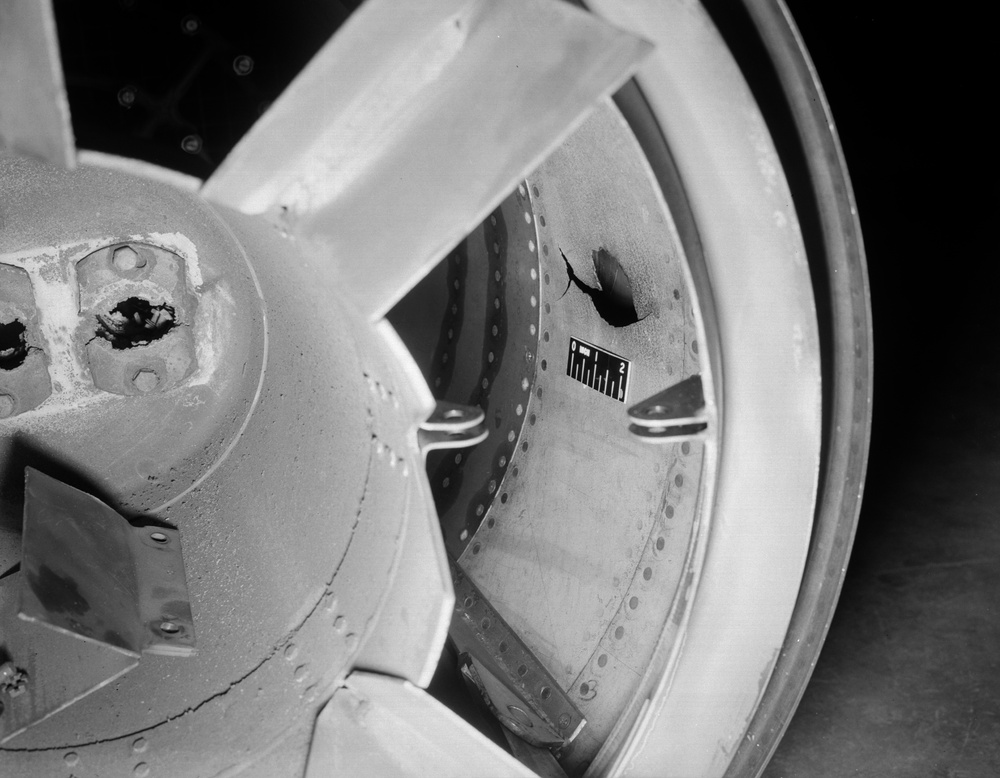 BOMARC ENGINE IN CELL 1 OF THE PROPULSION SYSTEMS LABORATORY PSL SHOWING ISENTROPIC SPIKE AND STATION 82 FAILURE AFTER RUN 65