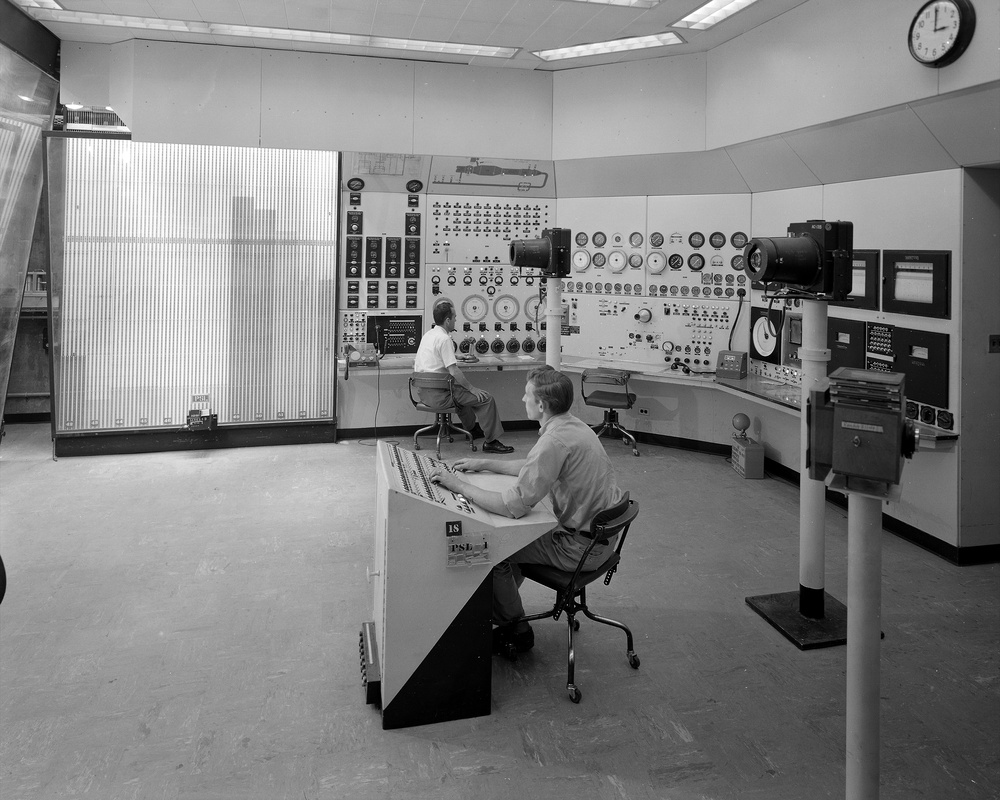 PROPULSION SYSTEMS LABORATORY PSL NO. 2 CONTROL ROOM SHOWING MANOMETER BOARDS - CAMERAS - CONTROL CONSOLE - PANEL BOARDS - TEMPERATURE RECORDERS