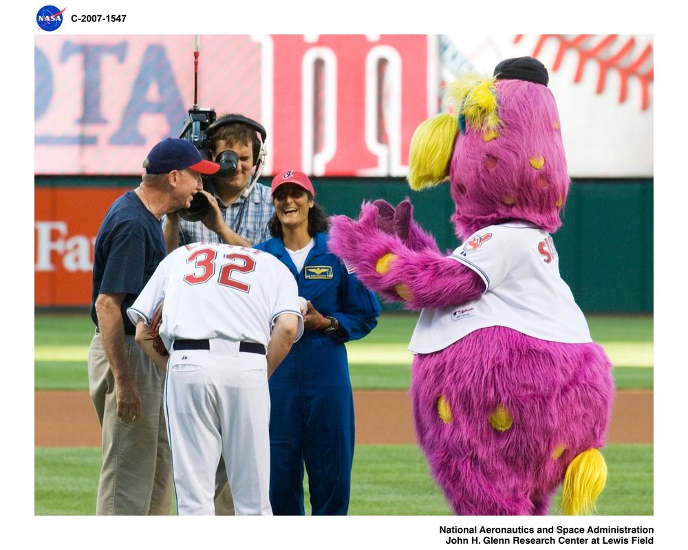 Astronaut Sunita Williams visits Jacob's Field to throw out the first pitch for the Cleveland Indian's Baseball Game