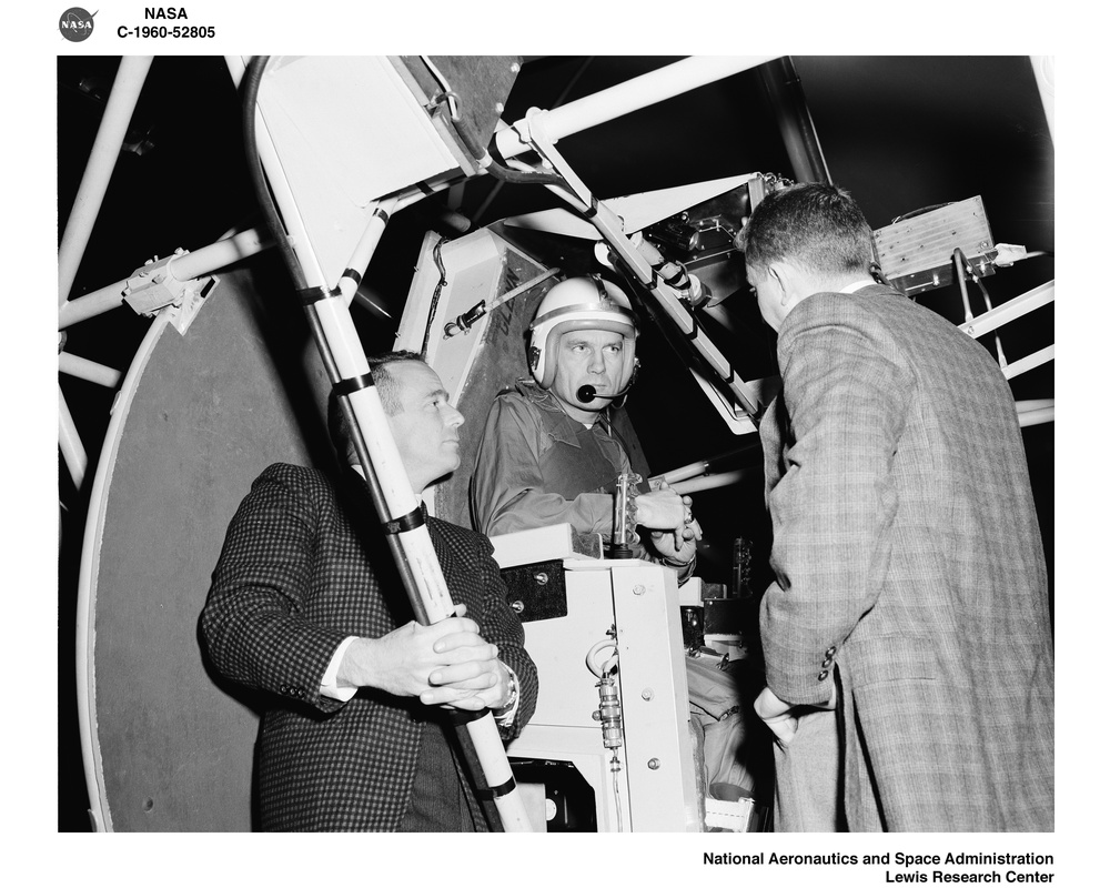 PROJECT MERCURY - ASTRONAUTS MALCOLM SCOTT CARPENTER AND DONALD K DEKE SLAYTON VISIT TO NASA LEWIS RESEARCH CENTER TO TEST GIMBALING RIG IN THE ALTITUDE WIND TUNNEL AWT