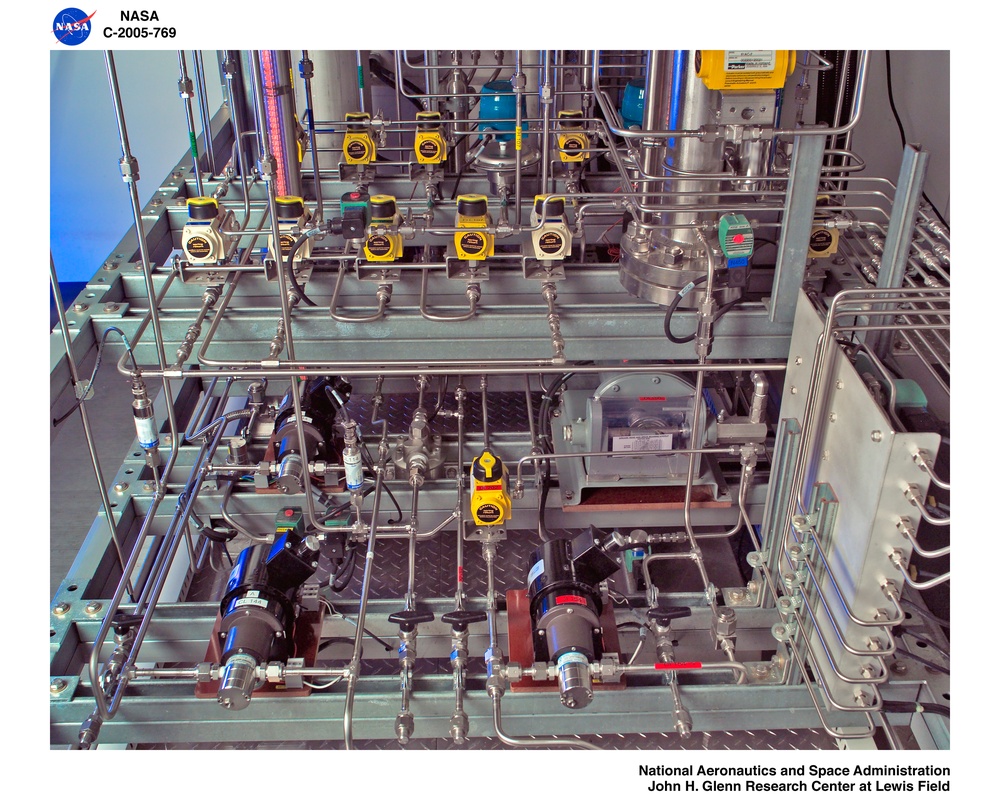 The closed loop regenerative fuel cell test and the Integrated Equipment Assembly.  View of the inerting valve and recirculation pumps.