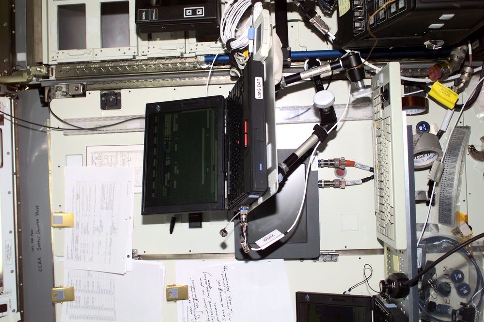 View of a computer workstation in the U.S. Laboratory during Expedition Three