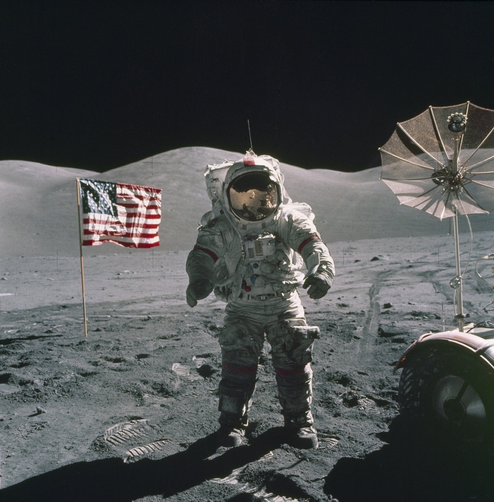 Apollo 17 Astronaut and United States Flag on Lunar Surface
