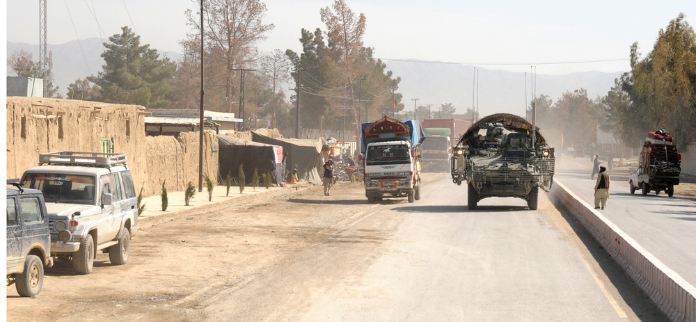 Stryker armored vehicle rolls through Spin Boldak, Afghanistan