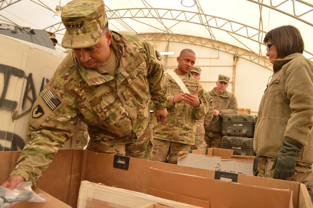 Honorable Heidi Shyu and Gen. Dennis Via visited the 18th CSSB retrograde yard in Kandahar Airfield, Afghanistan