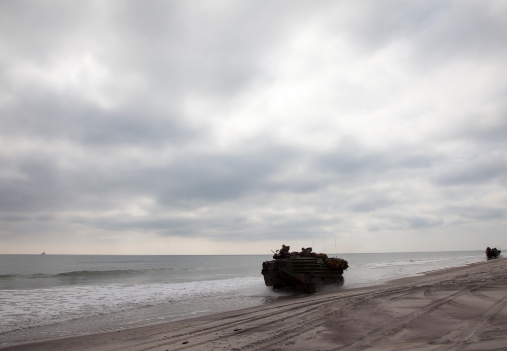 Two amphibious assault vehicles (AAVs) are shown on a sandy beach, having emerged from or moving along the shoreline under an overcast sky. The vehicles appear to be military tracked amphibious personnel carriers, consistent with U.S. Marine Corps AAV7A1 models, with personnel visible on top. A vessel is faintly visible on the horizon, suggesting a naval operation or amphibious landing exercise.