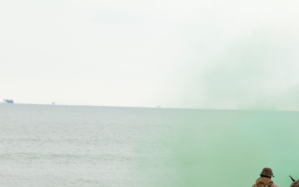 Two military personnel in camouflage uniforms stand on a sandy beach facing the ocean, surrounded by bright green smoke, likely from a smoke grenade or signal device. The scene appears to be a military exercise or training operation, with a vessel visible on the horizon. The green smoke is being used as a visual signal marker.