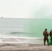 Two military personnel in camouflage uniforms stand on a sandy beach facing the ocean, surrounded by bright green smoke, likely from a smoke grenade or signal device. The scene appears to be a military exercise or training operation, with a vessel visible on the horizon. The green smoke is being used as a visual signal marker.