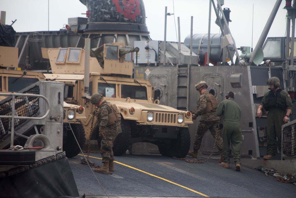 Military personnel are securing a tan/desert-colored HMMWV (Humvee) on what appears to be a naval landing craft or ship deck using chains. At least four service members in different uniforms are visible, working to tie down or release the vehicle. The setting appears to be a military amphibious operation or vehicle loading/offloading exercise.