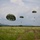 Multiple military paratroopers are descending onto an open grassy field using olive-drab round parachutes. The scene appears to be a military airborne operation or training exercise, with approximately five to six parachutes visible at various altitudes. The backdrop features a flat landing zone with distant mountains and a partly cloudy sky.