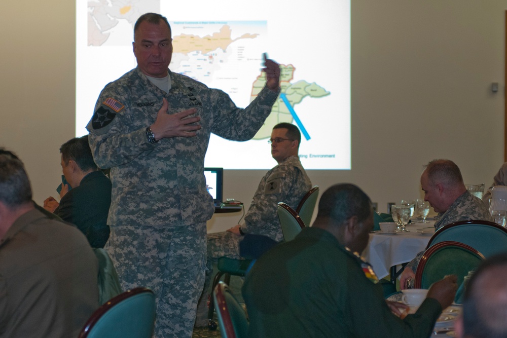 2nd Stryker Brigade commander speaks with foreign military service members at Army War College
