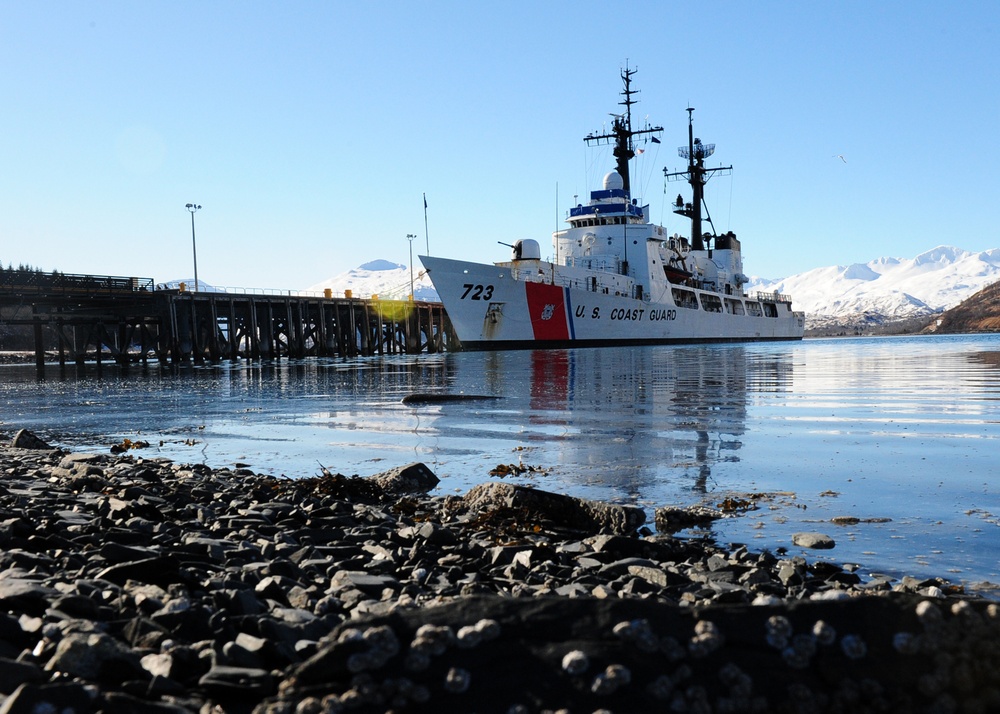 The Coast Guard Cutter Rush moors in Kodiak, Alaska