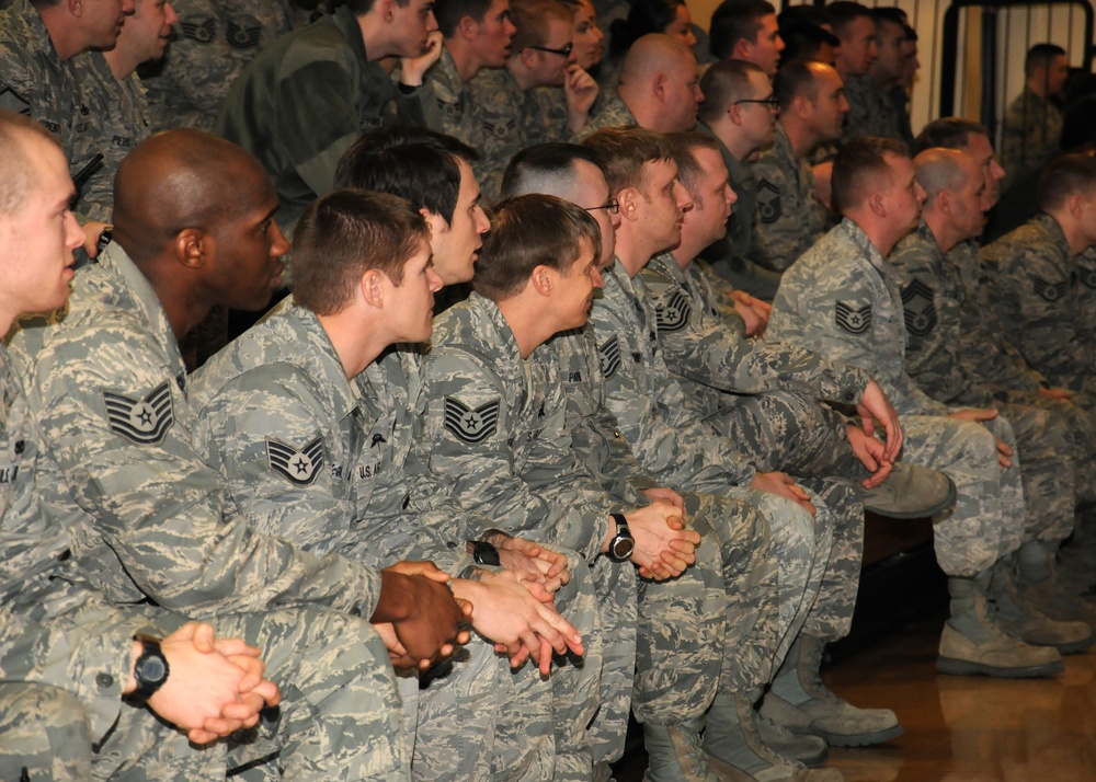 Retired Chief Master Sgt. of the Air Force Bob Gaylor speaks to Team Mildenhall airmen