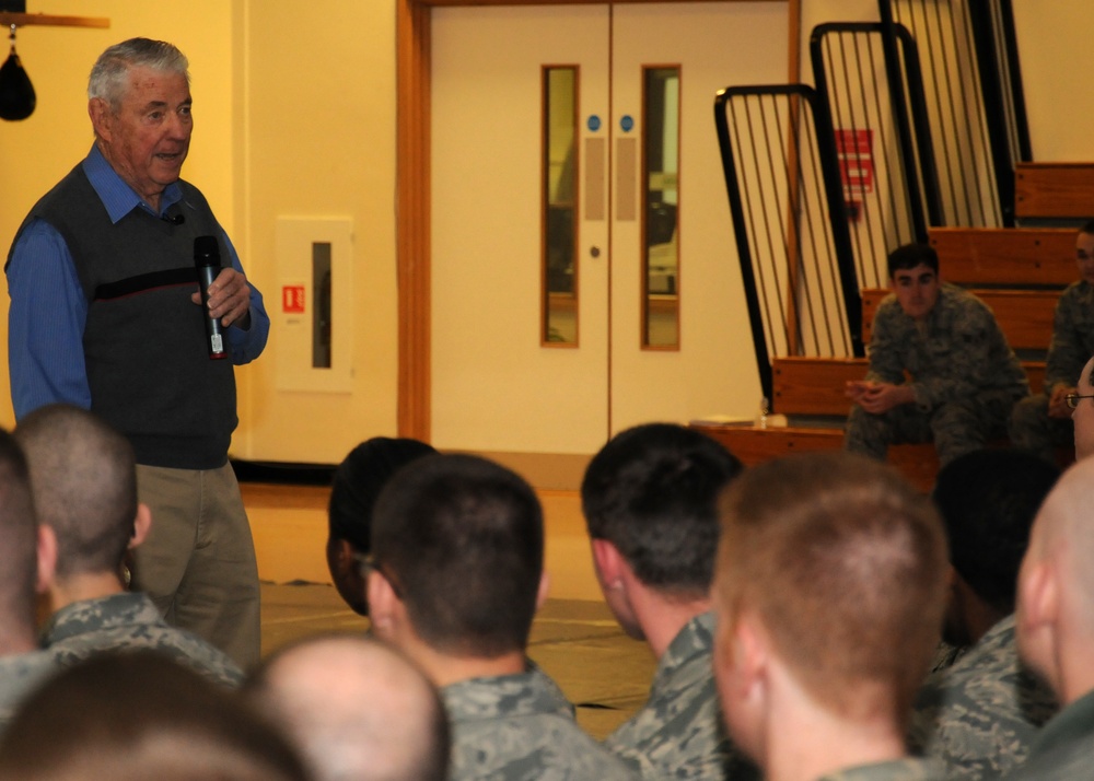 Retired Chief Master Sgt. of the Air Force Bob Gaylor speaks to Team Mildenhall airmen