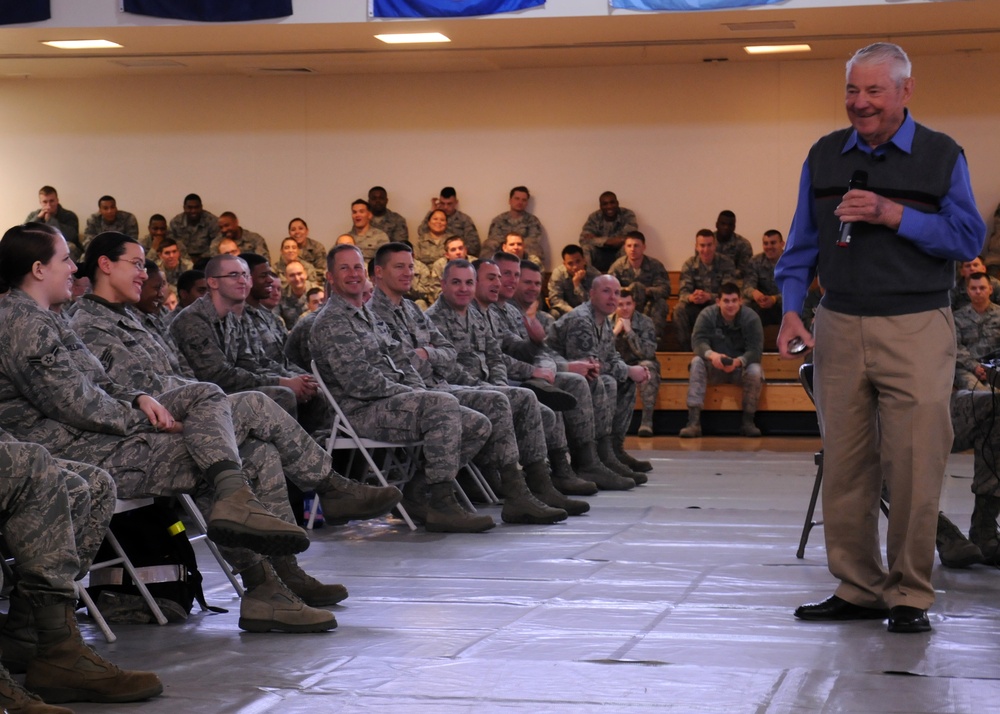 Retired Chief Master Sgt. of the Air Force Bob Gaylor speaks to Team Mildenhall airmen