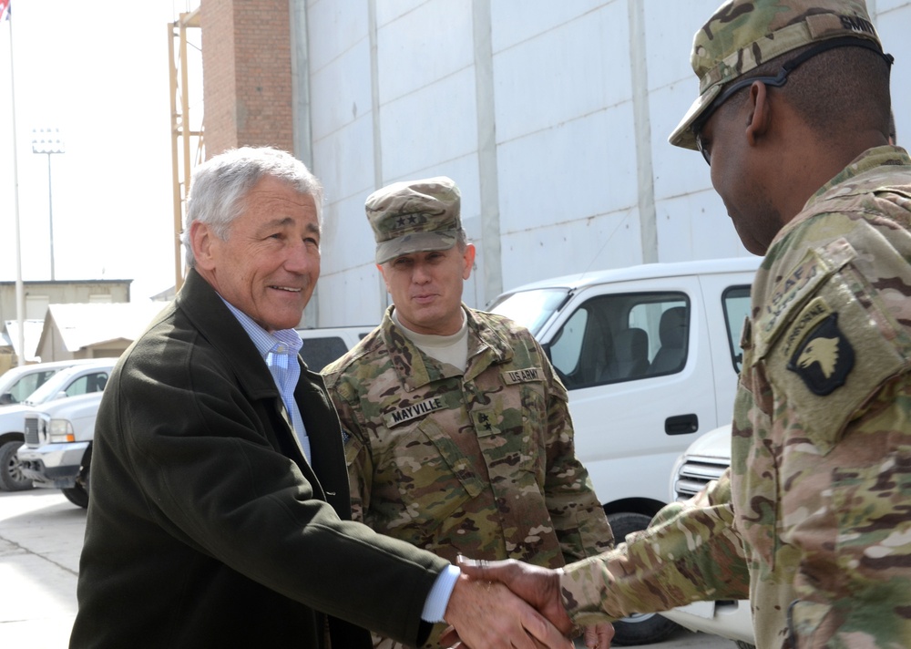 Secretary of Defense Hagel visits Bagram Air Field