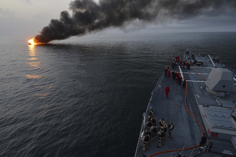 USS William P. Lawrence encounters burning vessel