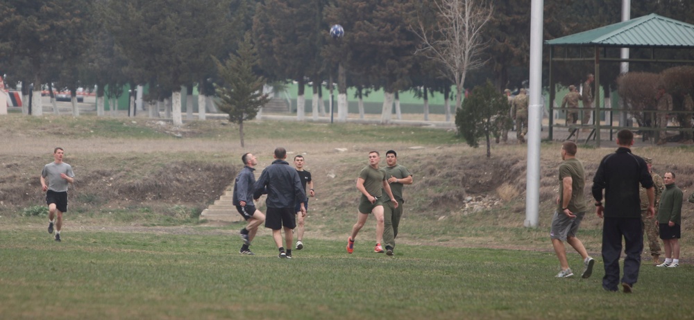 Black Sea Marines and soldiers from the Republic of Georgia's 4th Infantry Brigade participate in a friendly soccer match (1 of 3)