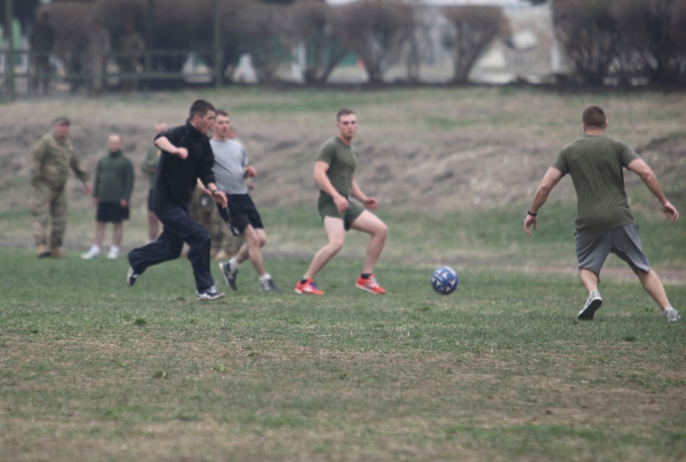 Black Sea Marines and soldiers from the Republic of Georgia's 4th Infantry Brigade participate in a friendly soccer match (2 of 3)