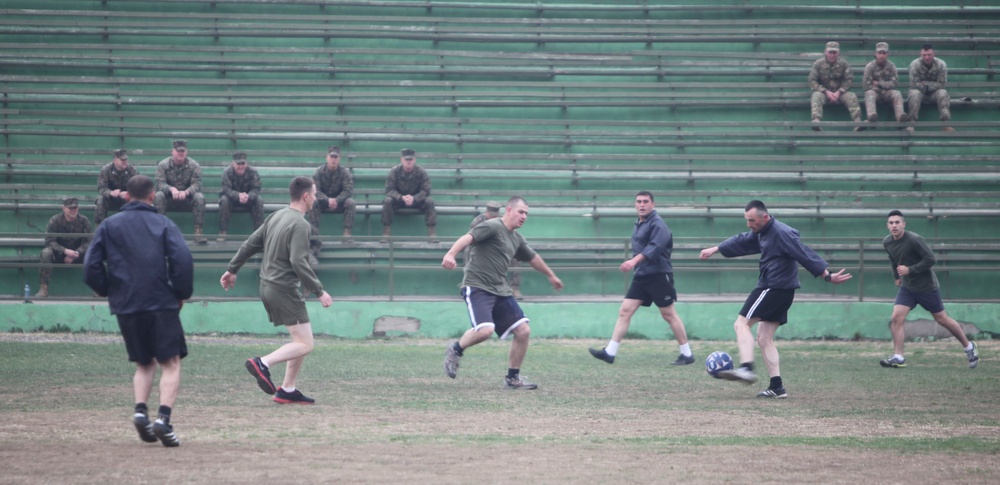 Black Sea Marines and soldiers from the Republic of Georgia Army's 4th Infantry Brigade participate in a friendly soccer match (1 of 3)