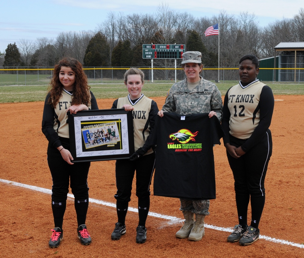 Sustainer throws first pitch at Fort Knox High School softball game