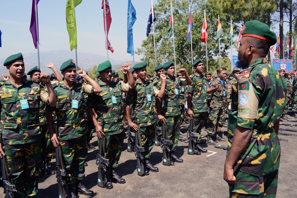 Bangladesh army soldiers celebrate at Shanti Prayas-2