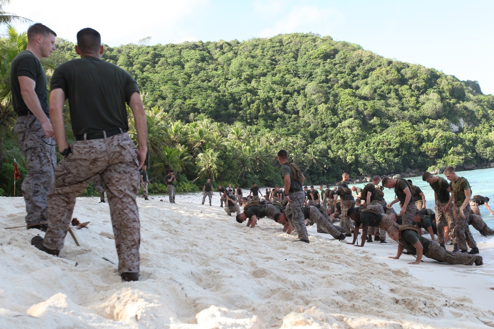 Marines PT on the beach during Exercise Gauhan Shield