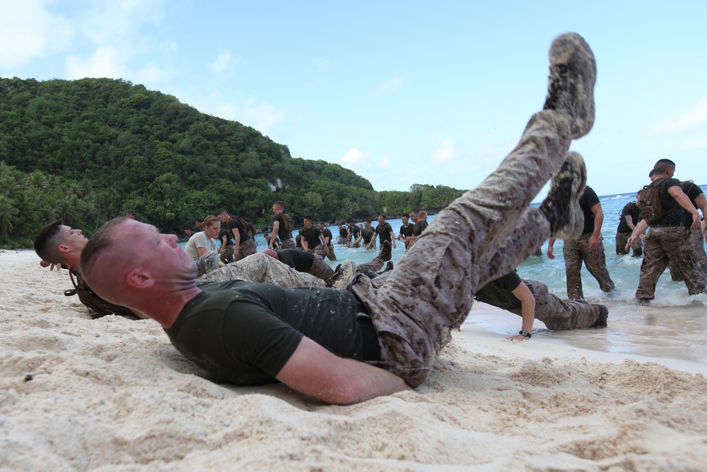 Marines PT on the beach during Exercise Gauhan Shield