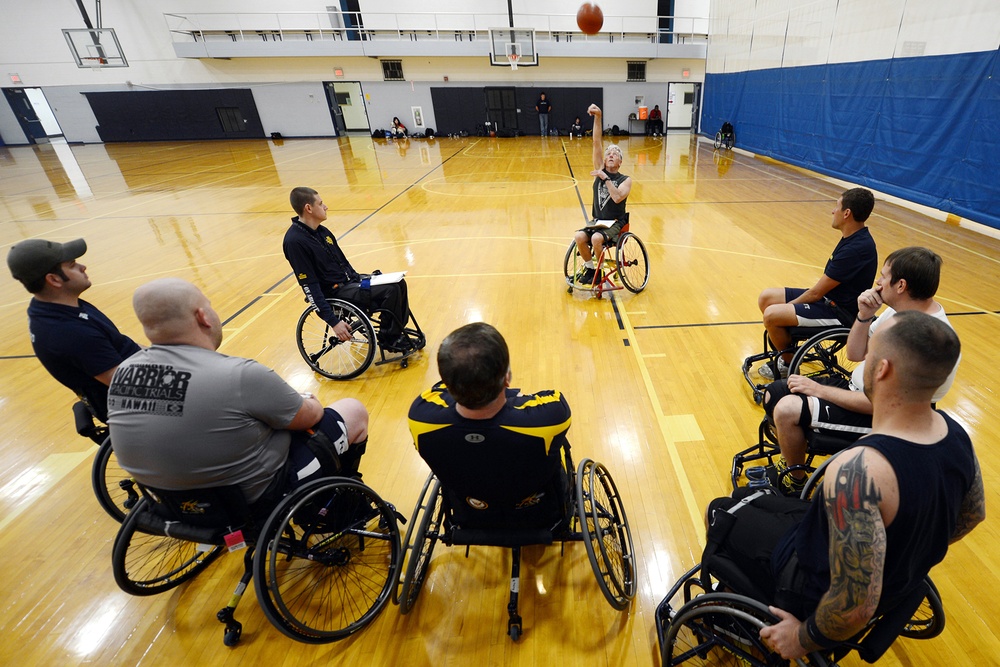 Basketball practice for the Navy's Warrior Games basketball team