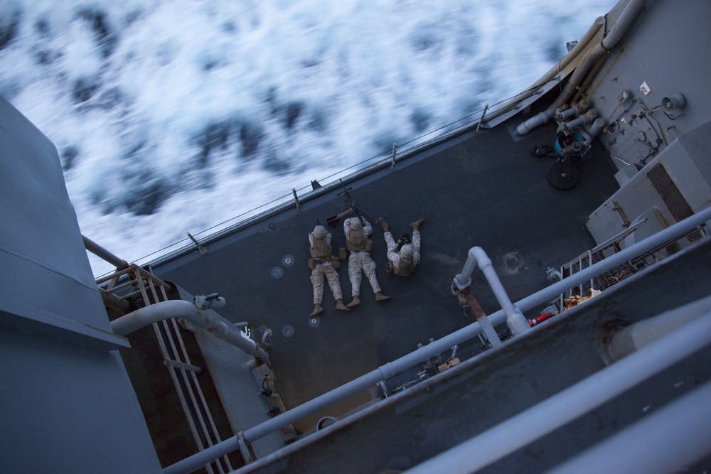 Marines secure ship while passing through Strait of Gibraltar