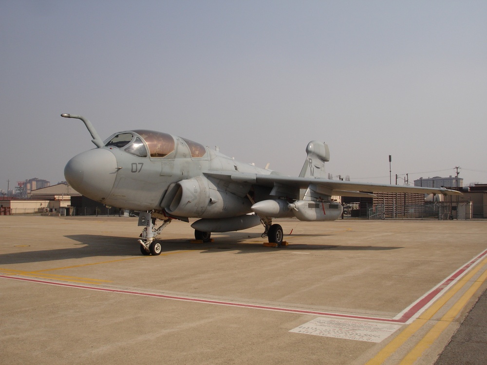 An EA6B Prowler aircraft sits ready to conduct training missions at Osan Air Base, Republic of Korea