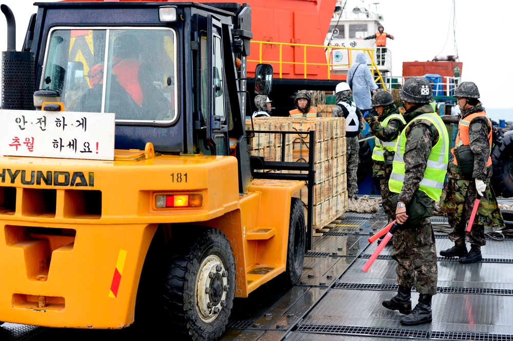 United States and South Korean forces participate in Combined Joint Logistics Over the Shore (CJLOTS) military exercise on the Korean Peninsula