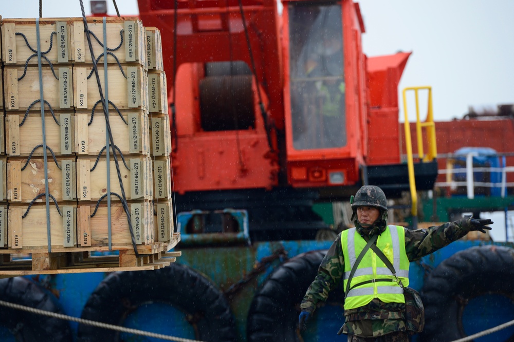 United States and South Korean forces participate in Combined Joint Logistics Over the Shore (CJLOTS) military exercise on the Korean Peninsula