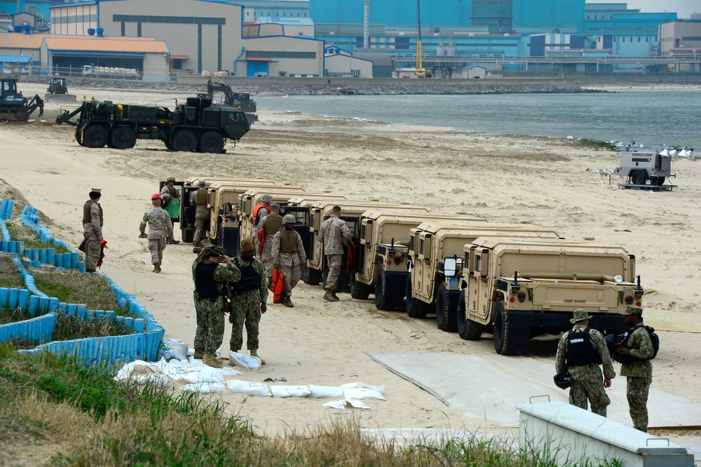 United States and South Korean forces participate in Combined Joint Logistics Over the Shore (CJLOTS) military exercise on the Korean Peninsula