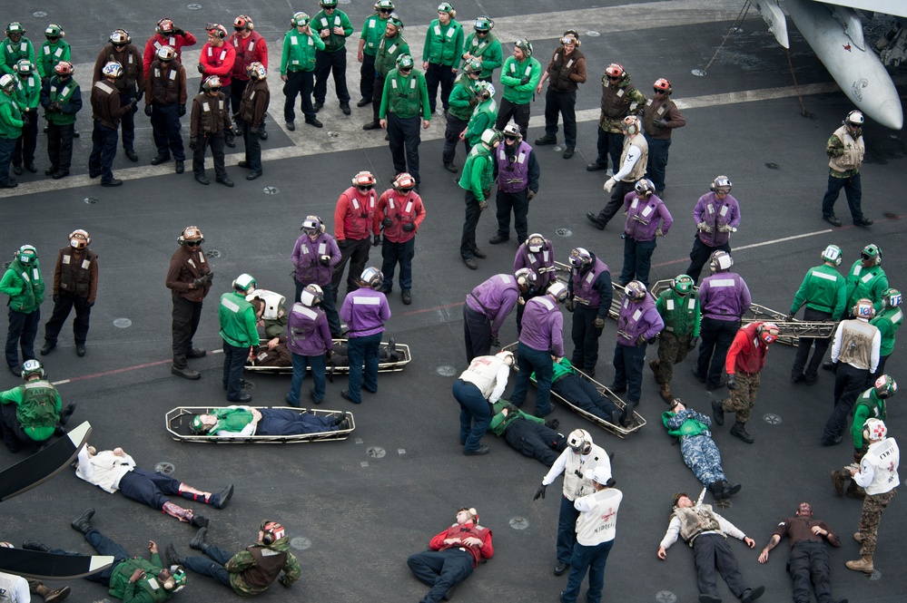 Mass casualty drill on flight deck