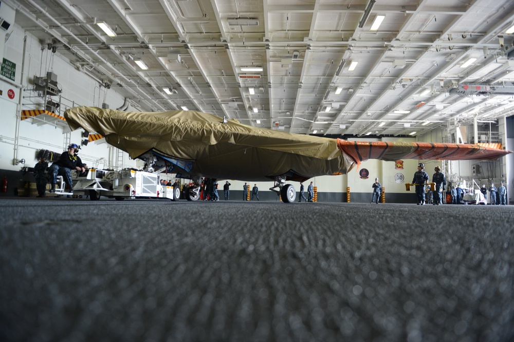 X-47B UCAS demonstrator loaded on USS George H.W. Bush