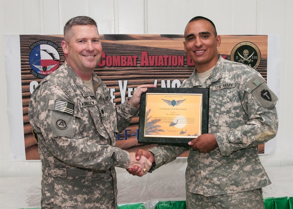 Spc. Jonathan Lopez receives certificate in Soldier of the Year Competition